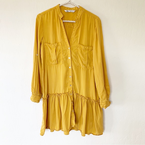 Zara Shirt Dress Mustard Yellow With Ruffled Hem - Picture 8 of 15